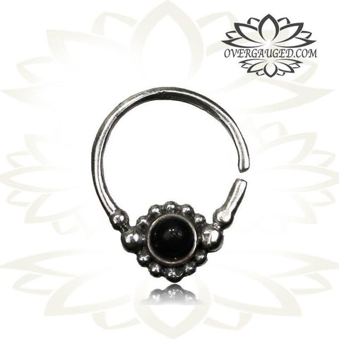 Single 16g Silver Septum Ring With Turquoise Stone - Antiqued Tribal Silver Septum Ring Nose 9mm, Body Jewelry.