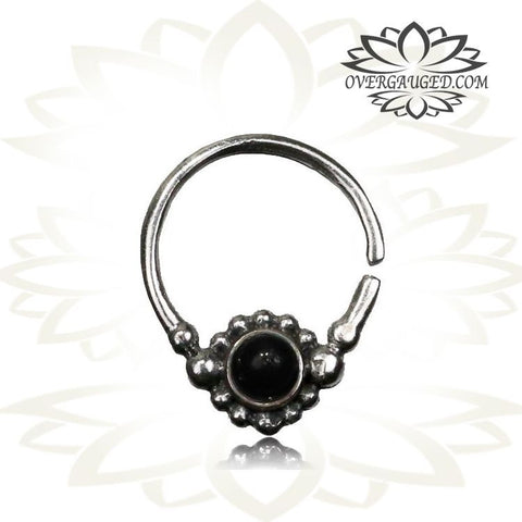 Single 16g Real Silver Septum Ring Set Onyx Stone - Antiqued Tribal Silver Septum Ring Nose 9mm Silver Hoop Piercing.