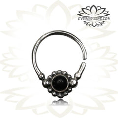 Single 16g Silver Septum Ring With Onyx Stone - Antiqued Tribal Silver Septum Ring 9mm Body Jewelry.