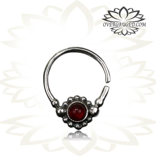 Single Sterling Silver Septum Ring With Red Garnet Stone - Antiqued Tribal Silver Septum, 9mm Ring, Nose Jewelry.