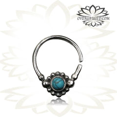 Single 16g Silver Septum Ring With Turquoise Stone - Antiqued Tribal Silver Septum Ring Nose 9mm, Body Jewelry.