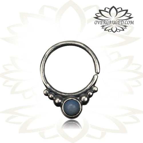 Single Silver Septum Ring, Set Moon Stone - Antiqued Tribal Silver Septum, Ring 9mm, Nose Jewelry.