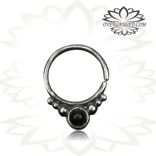 Single 16g Silver Septum Ring With Onyx Stone - Antiqued Tribal Silver Septum Ring Nose 9mm Silver Hoop.