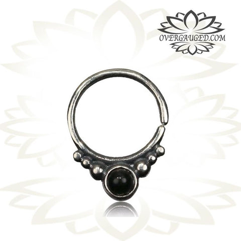 Single 16g Real Silver Septum Ring Set Onyx Stone - Antiqued Tribal Silver Septum Ring Nose 9mm Silver Hoop Piercing.