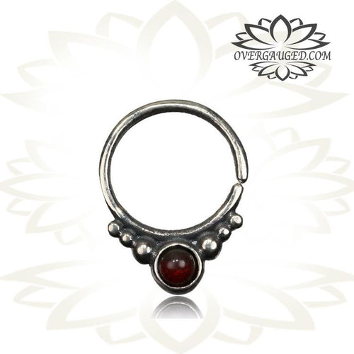 Single Sterling Silver Septum Ring Set Red Garnet Stone - Antiqued Tribal Silver Septum Ring, 9mm Ring, Nose Jewelry.