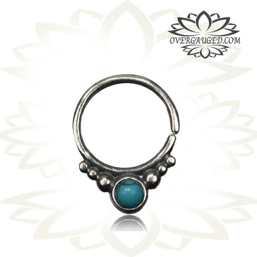 Single Sterling Silver Septum Ring Set With Turquoise Stone, Tribal Silver Septum Ring, 9mm Ring Diameter.