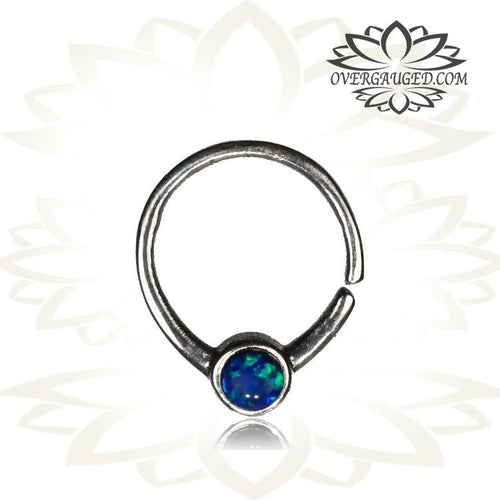 Single 16g Sterling Silver Septum Ring, Blue Opal Stone - Antiqued Tribal Silver Septum Ring, Nose 9mm ring.