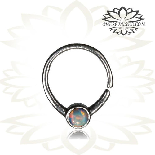 Single 16g Silver Septum Ring, Set White Opal Stone - Antiqued Tribal Silver Septum, Ring 9mm.