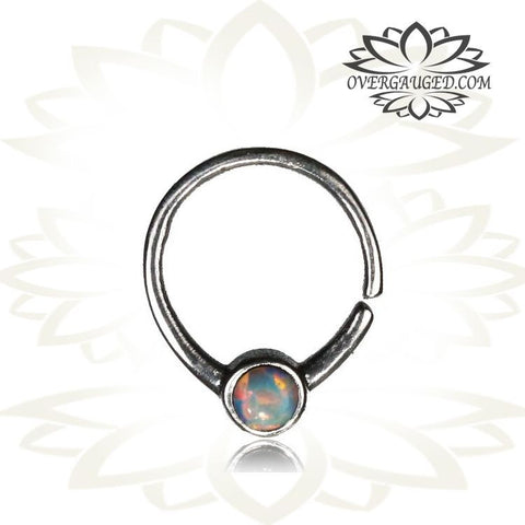 Single 16g Real Silver Septum Ring Set Onyx Stone - Antiqued Tribal Silver Septum Ring Nose 9mm Silver Hoop Piercing.