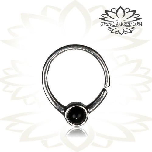 Single 16g Real Silver Septum Ring Set Onyx Stone - Antiqued Tribal Silver Septum Ring Nose 9mm Silver Hoop Piercing.