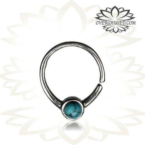 Single Sterling Silver Septum Ring Set Turquoise Stone - Antiqued Tribal Silver Septum Ring, Ring 9mm, Nose Jewelry.
