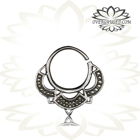 Single 16g Real Silver Septum Ring Set Onyx Stone - Antiqued Tribal Silver Septum Ring Nose 9mm Silver Hoop Piercing.