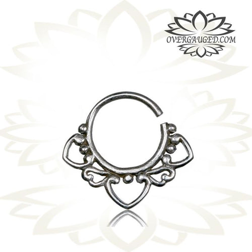 Single Sterling Silver Septum Ring - Antiqued Hearts Tribal Silver Septum Ring, 9mm Hoop.