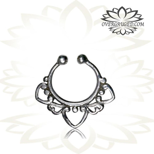 Single Silver Septum Ring (Non Piercing) Fake- Antiqued Hearts Tribal Septum Ring, Nose Jewelry.