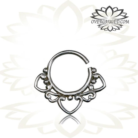 Single 16g Real Silver Septum Ring Set Onyx Stone - Antiqued Tribal Silver Septum Ring Nose 9mm Silver Hoop Piercing.