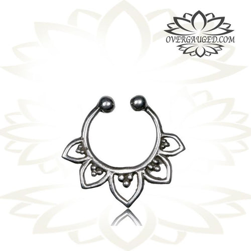 Single Silver Lotus Septum Ring (Fake Style) Antiqued Cheater Tribal Silver Lotus Septum Ring, Tribal Body Jewelry.