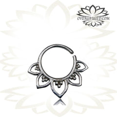 Single 16g Silver Lotus Septum Ring - Antiqued Tribal Silver Septum Ring Nose 9mm Silver Hoop Piercing.