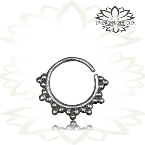 Single 16g Silver Septum Ring, Set White Opal Stone - Antiqued Tribal Silver Septum, Ring 9mm.