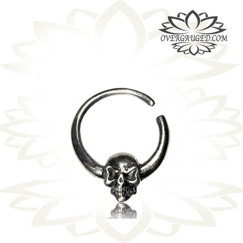Single Sterling Silver Skull Septum Ring - Antiqued Skull Tribal Silver Septum Ring, Small 8.5mm Ring.