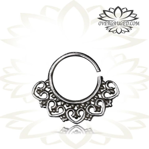 Single 16g Real Silver Septum Ring Set Onyx Stone - Antiqued Tribal Silver Septum Ring Nose 9mm Silver Hoop Piercing.