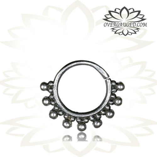 Single 16g Silver Septum Ring - Antiqued Afghan Tribal Silver Septum Ring, 9mm Silver Hoop Piercing Body Jewelry.