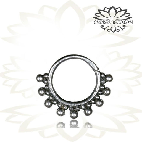 Single 16g Silver Septum Ring - Antiqued Afghan Tribal Dots Silver Septum Ring 8mm, Silver Piercing.