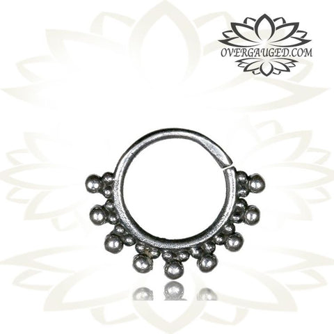 Single 16g Real Silver Septum Ring Set Onyx Stone - Antiqued Tribal Silver Septum Ring Nose 9mm Silver Hoop Piercing.