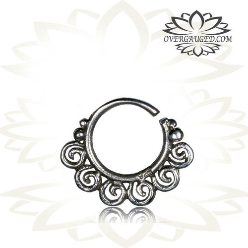 Single 16g Silver Swirl Septum Ring - Antiqued Tribal Silver Septum Ring Nose 9mm, Sterling Silver Hoop.