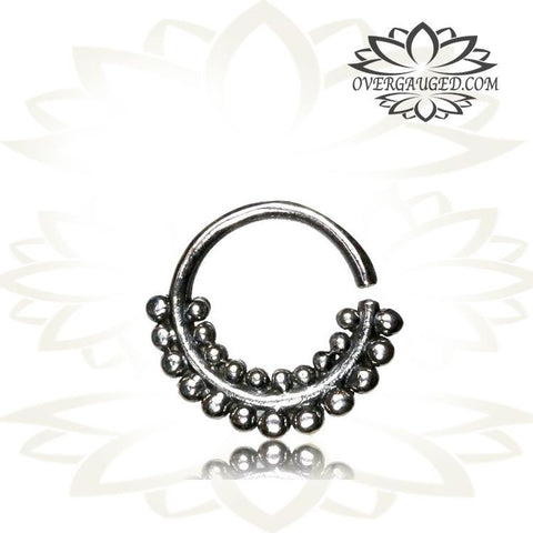 Single 16g Real Silver Septum Ring Set Onyx Stone - Antiqued Tribal Silver Septum Ring Nose 9mm Silver Hoop Piercing.