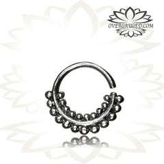 Single 16g Silver Septum Ring - Antiqued Afghan Tribal Dots Silver Septum Ring 8mm, Silver Piercing.