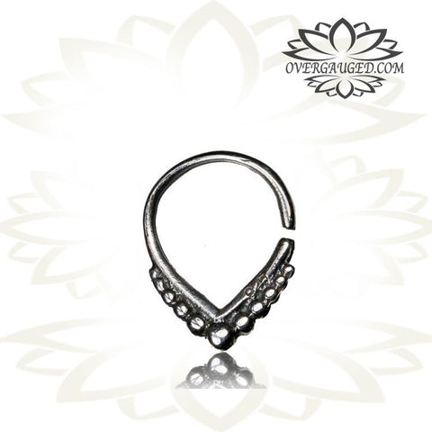 Single 16g Silver Septum Ring With Onyx Stone - Antiqued Tribal Silver Septum Ring 9mm Body Jewelry.