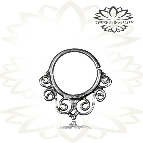 Single Sterling Silver Septum Ring - Antiqued Ornate Tribal Silver Septum, Size Of Ring 9mm.