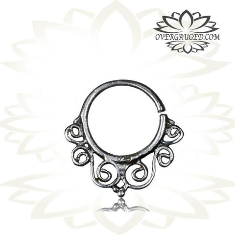 Single 16g Real Silver Septum Ring Set Onyx Stone - Antiqued Tribal Silver Septum Ring Nose 9mm Silver Hoop Piercing.