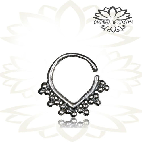 Single Sterling Silver Septum Ring - Afghan Antiqued Tribal Dots Silver Septum Ring Nose, 8mm ring , Silver Hoop Helix Piercing 16g / 925 Silver.