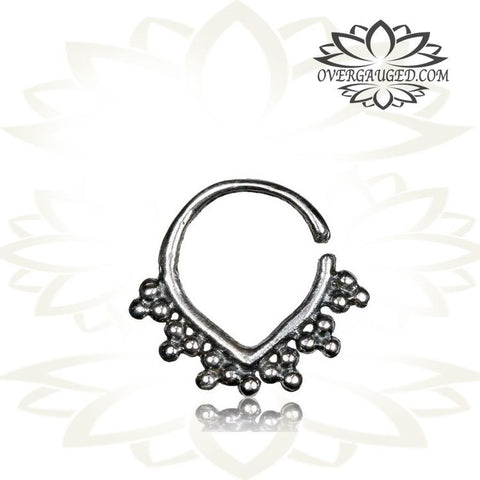 Single 16g Real Silver Septum Ring Set Onyx Stone - Antiqued Tribal Silver Septum Ring Nose 9mm Silver Hoop Piercing.