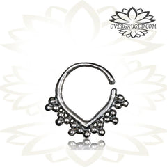 Single Sterling Silver Septum Ring - Afghan Antiqued Tribal Dots Silver Septum Ring Nose, 8mm ring , Silver Hoop Helix Piercing 16g / 925 Silver.