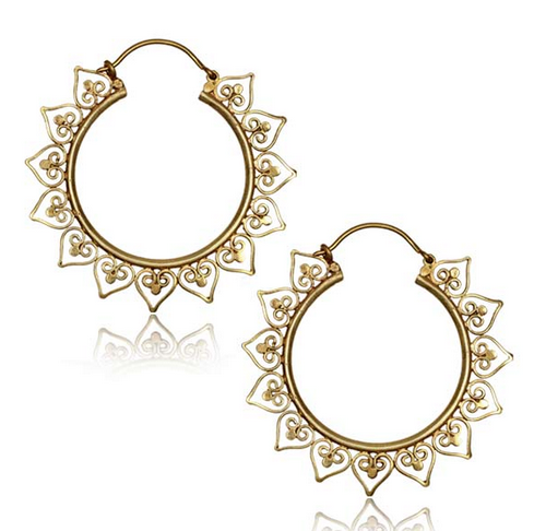 Pair of Brass Earrings Ornate Antiqued Thai Tribal Brass Hoops.