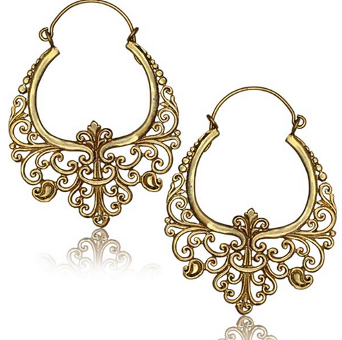 Pair of Ornate Brass Earrings Antiqued Tribal Hoops, Long Brass Hanger Earrings.