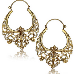 Pair of Ornate Brass Earrings Antiqued Tribal Hoops, Long Brass Hanger Earrings.