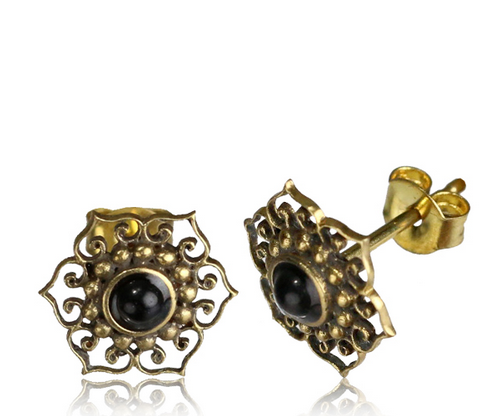 Pair Ornate Brass Ear Studs, Antiqued Tribal Mandala Flower With Onyx Stud Jewelry Brass Earrings.