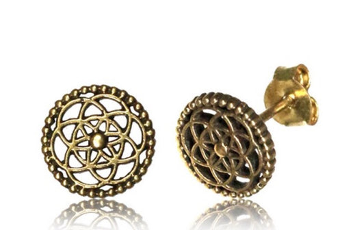 Pair Ornate Antiqued Tribal Brass Flower of Life Ear Studs, Ear Stud Jewelry Brass Earrings.