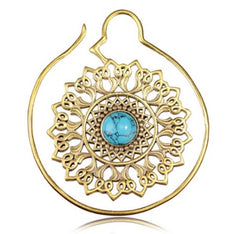 Pair 16g (1.2mm) Ornate Brass Earrings Antiqued Brass Mandala Flower with Turquoise Stone, Double Sided, Brass Body Jewelry.