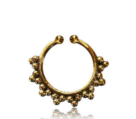 Single Brass Fake Septum Nose Ring, Antiqued Tribal With Pink Agate Stone, Non-Nose Piercing, Ring Diameter 9mm.