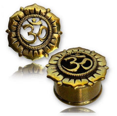 Pair of Antiqued Brass Plugs, Om Symbol Gauges, Tribal Brass Flower Tunnels, Tribal Brass Jewelry.