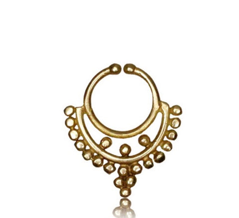 Single Brass Fake Septum Nose Ring, Antiqued Tribal With Pink Agate Stone, Non-Nose Piercing, Ring Diameter 9mm.