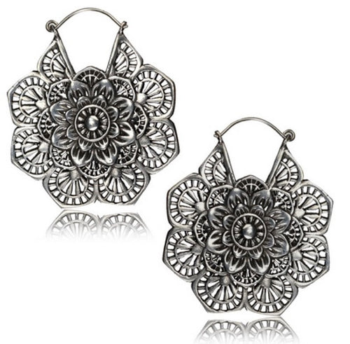 Pair of Ornate White Brass Earrings with Mandala Flower, Tribal Brass Hoop Earrings, Piercing Hangers Body Jewelry.