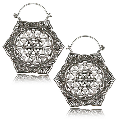 Pair of Long White Brass Earrings, Antiqued Flower of Life Tribal Hoops with Sterling Silver Wire, Silver Earrings.