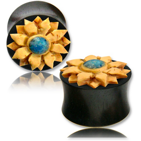 Pair of Ebony Wood Plugs with Coconut Shell Flower Inlay, Double flared Gauges, Organic Body Jewelry.