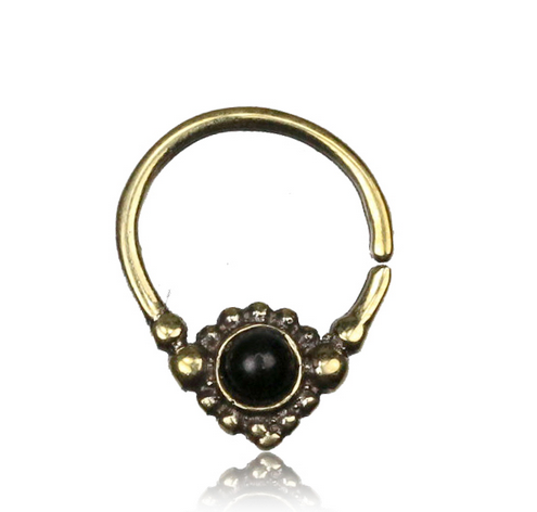 Single 16g (1.2mm) Afghan Tribal Brass Septum Nose Ring, Inlay Black Onyx Stone Nose Piercing, Ring 9mm, Tribal Brass Jewelry, Tribal Septum.