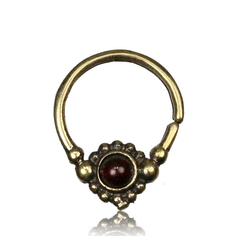 Single Ornate Tribal Brass Septum Ring in 16g. Afghan Style Septum Ring, Dark Red Garnet Stone, Brass Nose Piercing, Tribal Body Jewelry, Ring 9mm.